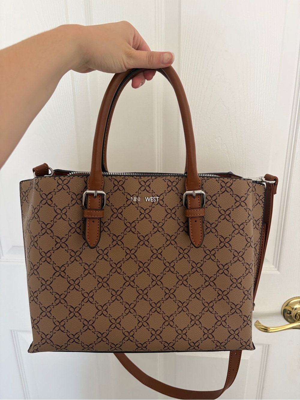Nine West Tan Brown Patterned Satchel with Detachable Strap